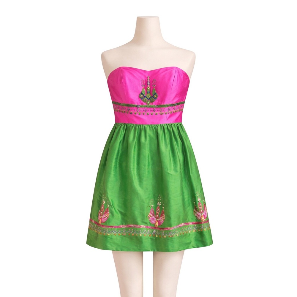 Rare‎ Betsey Johnson Silk Strapless Dress Y2K Fairycore Pink Green Embroidered